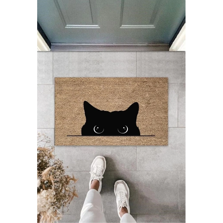 BFS Dijital Kara Kedi Bej Kapı Paspası Dış Mekan Paspas K-3185