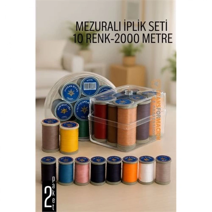 BFS  Dikiş İpliği Seti - 10 Renk 2000 Mt Kutulu Mezuralı Dikiş Seti
