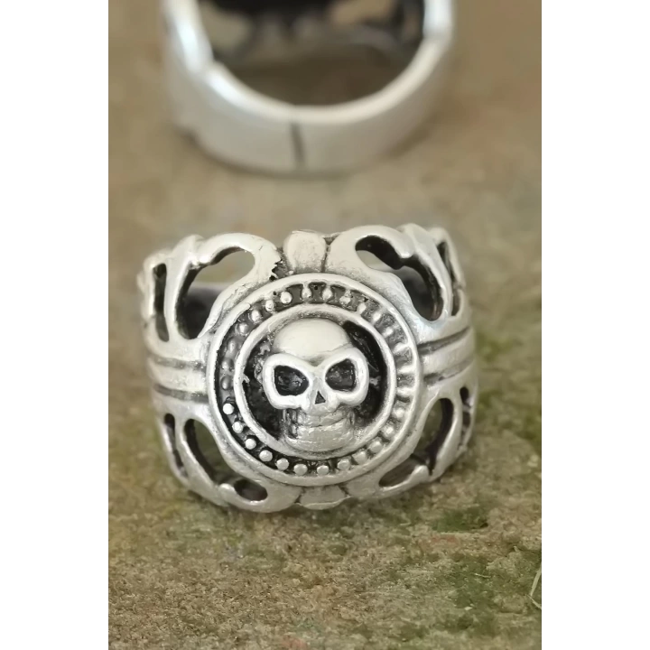 BFS Eskitme Gümüş Renk Metal Kuru Kafa Tasarım Ayarlamalı Erkek Yüzük