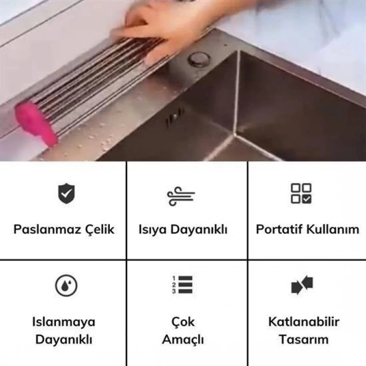 BFS  Evye Üstü Katlanır Nihale Paslanmaz Çelik Pratik Sebze Meyve Bulaşık Kurutma Süzgeci