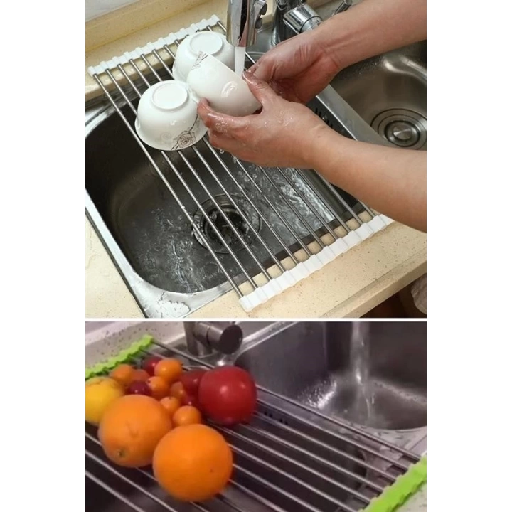 BFS  Evye Üstü Katlanır Nihale Paslanmaz Çelik Pratik Sebze Meyve Bulaşık Kurutma Süzgeci
