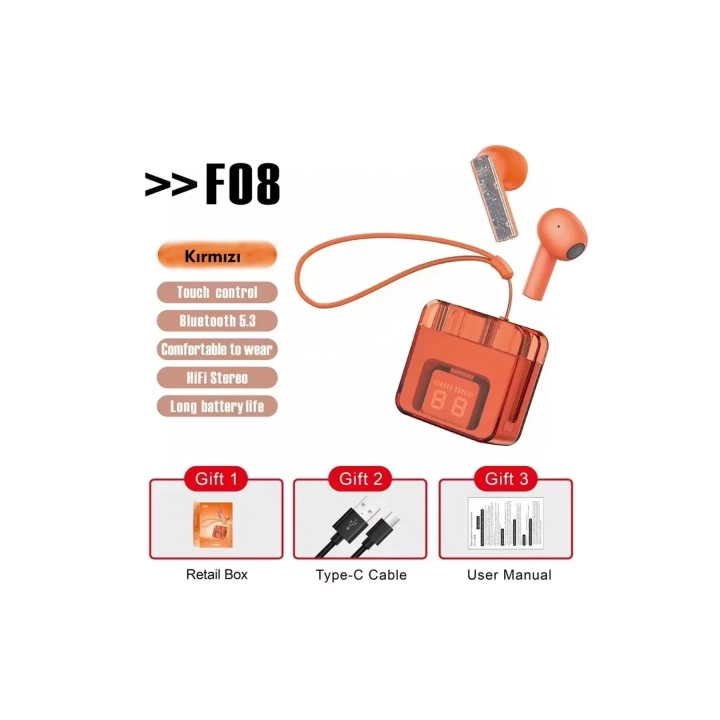 BFS F08 Dijital Şarj Göstergeli TWS Bluetooth Kulaklık - Kırmızı