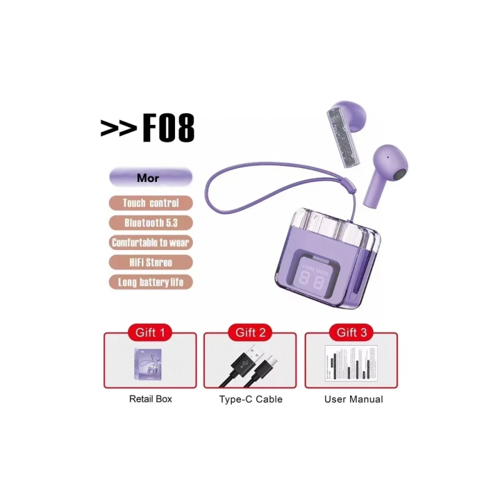 BFS F08 Dijital Şarj Göstergeli TWS Bluetooth Kulaklık - Mor