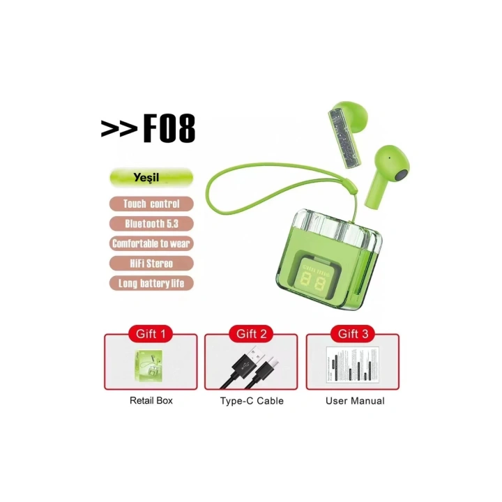 BFS F08 Dijital Şarj Göstergeli TWS Bluetooth Kulaklık - Yeşil