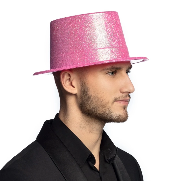 BFS     Floresan Pembe Renk Simli Uzun Fötr Melon Şapka 12 cm