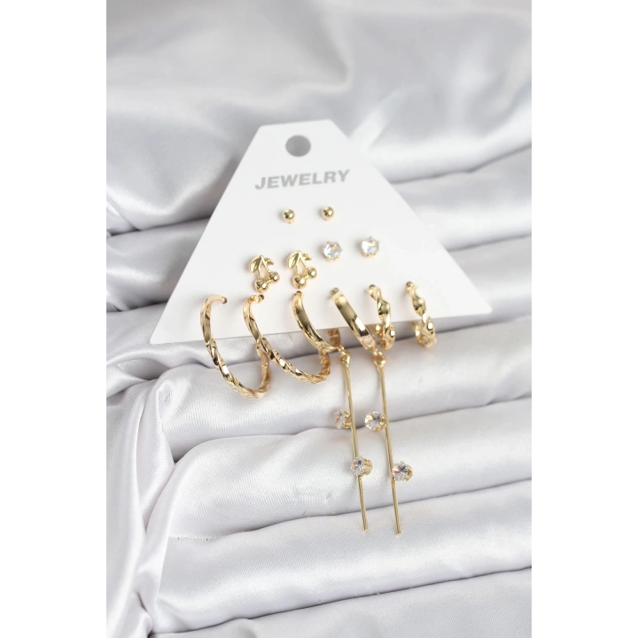 BFS Gold Renk 6 Çift Pirinç Kadın Küpe Seti