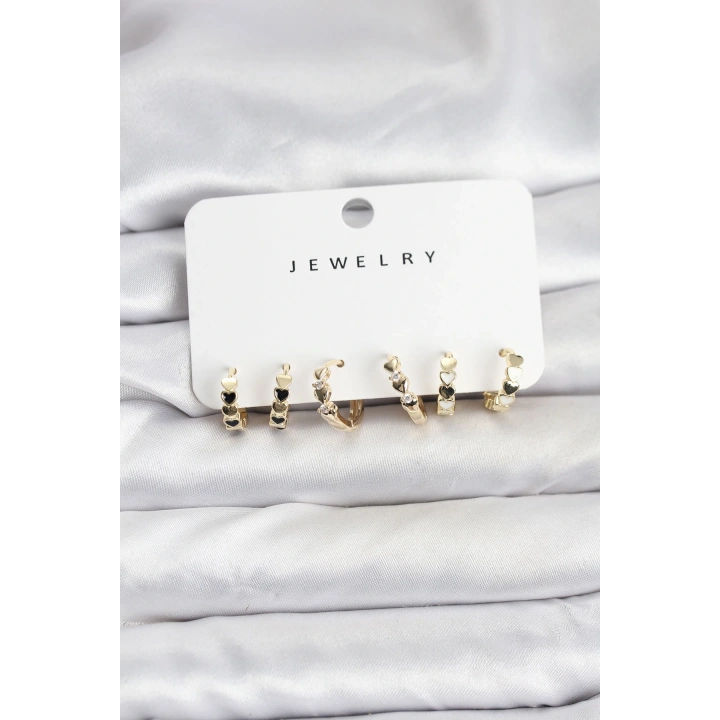 BFS Gold Renk Pirinç Minimal Kalp Detaylı Kadın Küpe Seti