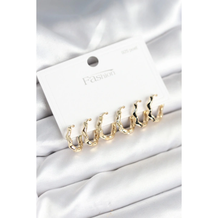 BFS Gold Renk Pirinç Zikzak Model 925 Ayar Gümüş Çivili Kadın Küpe Seti