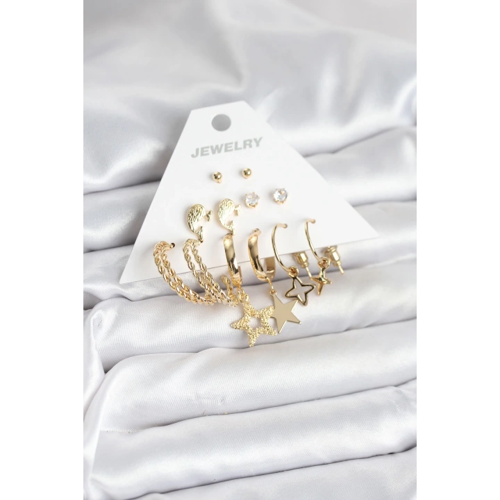 BFS Gold Renk Yıldızlı Set 6 Çift Kadın Küpe Seti
