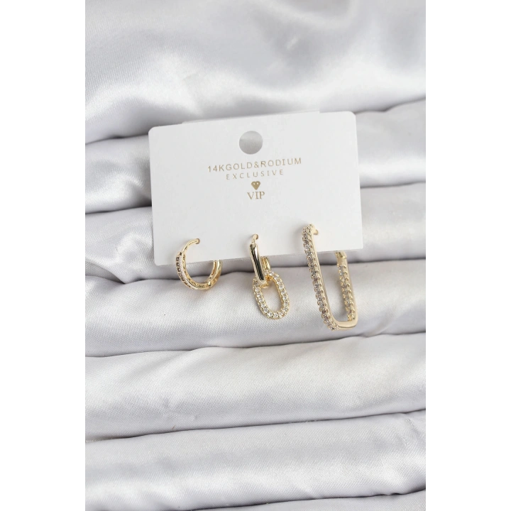 BFS Gold Renk Zirkon Taşlı 3lü Kadın Küpe Seti