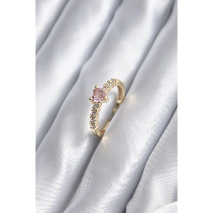 BFS Gold Renk Zirkon Taşlı Pembe Kristal Kalp Model Kadın Yüzük