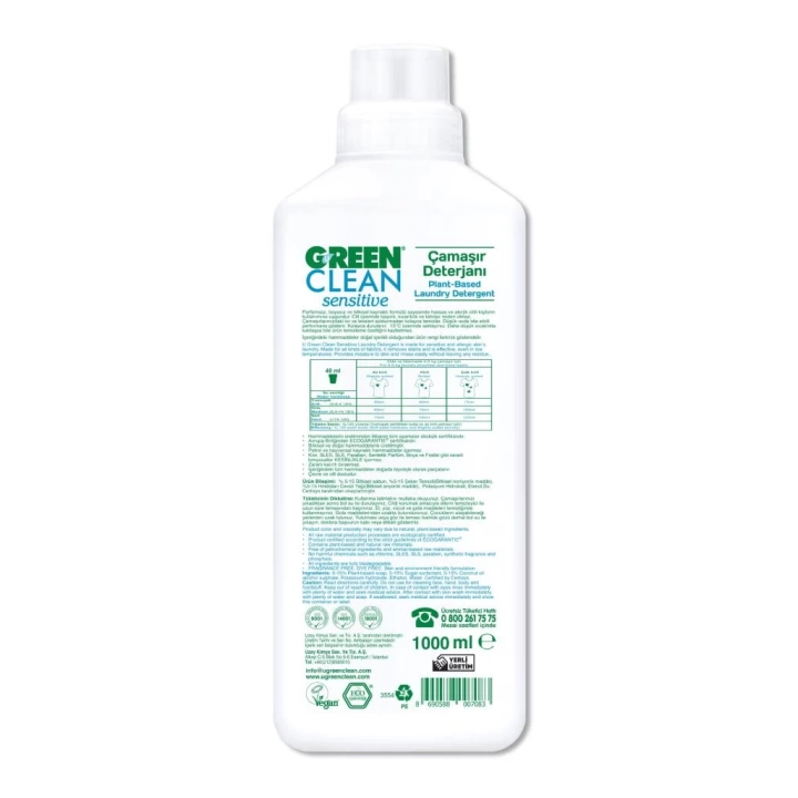BFS   Green Clean Sensitive Parfümsüz Bitkisel Çamaşır Deterjanı 1000ml