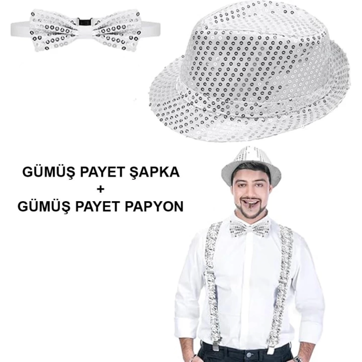 BFS   Gümüş Payetli Şapka ve Papyon Seti – Parıltılı Yetişkin Kostüm Seti