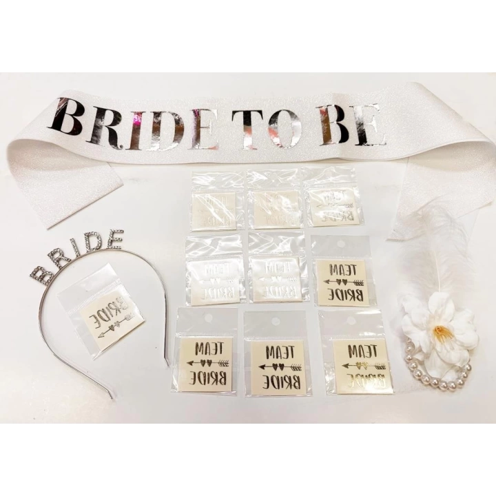 BFS     Gümüş Renk Bride Partisi Taç Kuşak Dövme Bileklik Seti Full 13 Parça
