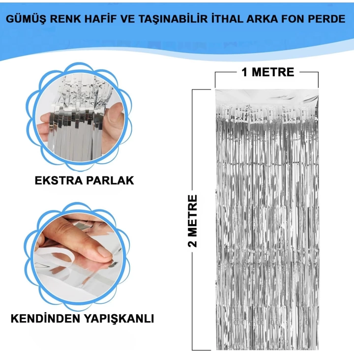BFS Gümüş Renk Ekstra Metalize Parlak Saçaklı Arka Fon Perde İthal  1x2 Metre