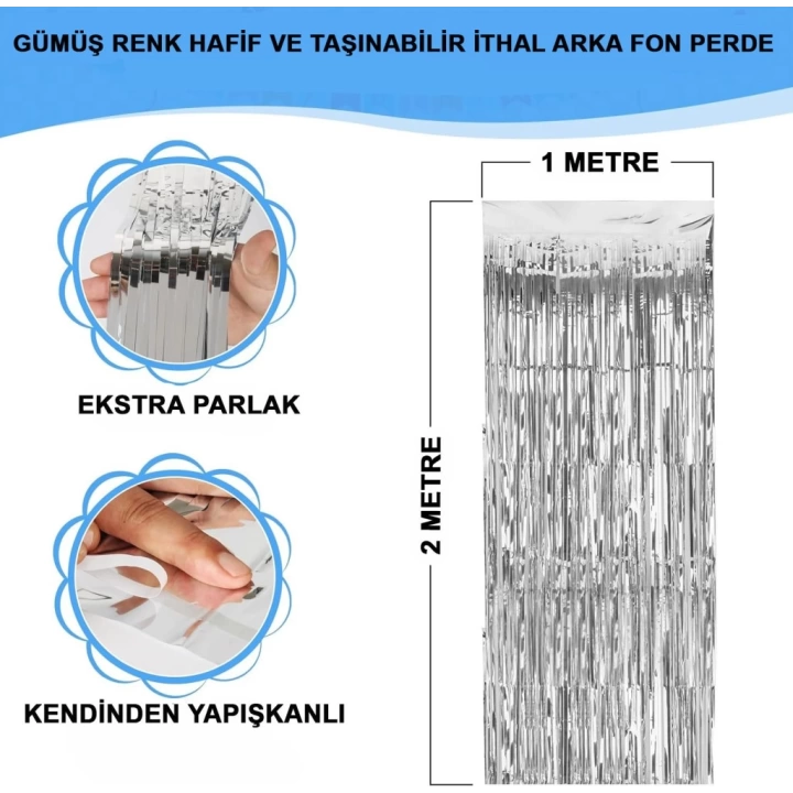 BFS  Gümüş Renk Ekstra Metalize Parlak Saçaklı Arka Fon Perde İthal  1x2 Metre