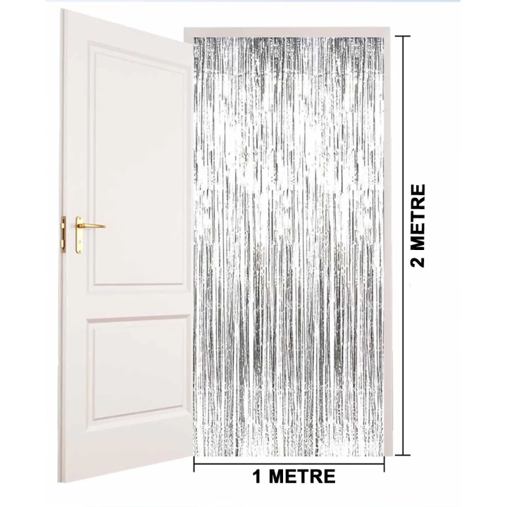 BFS Gümüş Renk Ekstra Metalize Parlak Saçaklı Arka Fon Perde İthal  1x2 Metre