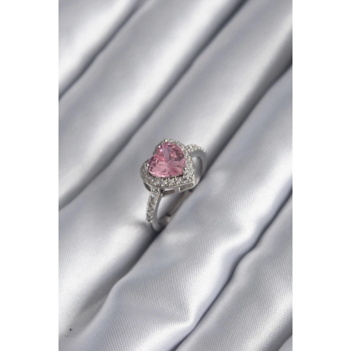 BFS Gümüş Renk Pembe Zirkon Taşlı Charm Kalp Model Kadın Yüzük