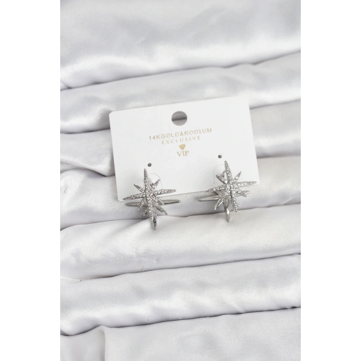 BFS Gümüş Renk Pirinç Çift Taraflı Kutup Yıldızı Kadın Küpe