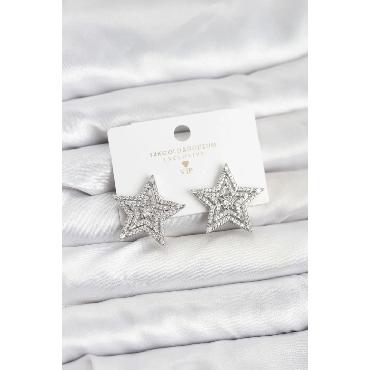 BFS Gümüş Renk Pirinç Zirkon Taşlı Yıldız Model Kadın Küpe