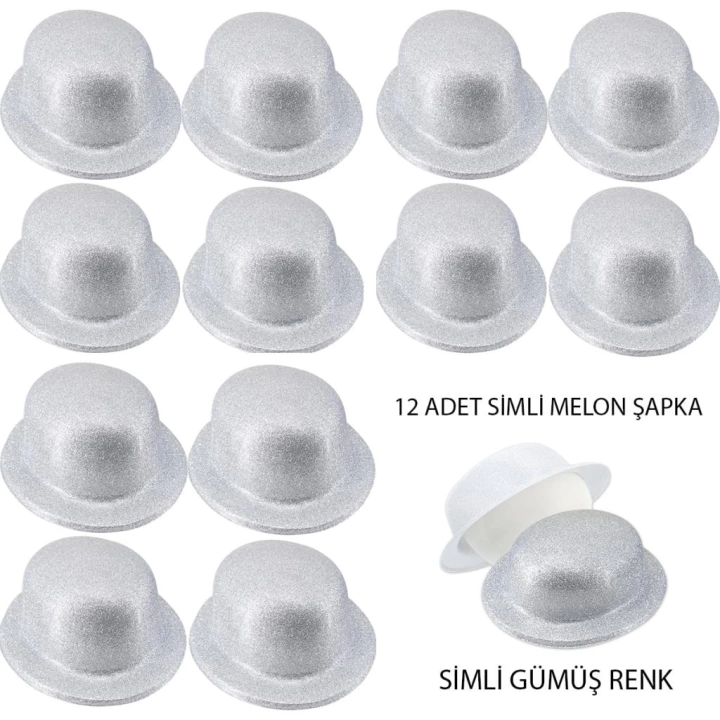 BFS   Gümüş Renk Simli Melon Yuvarlak Parti Şapkası 12 Adet