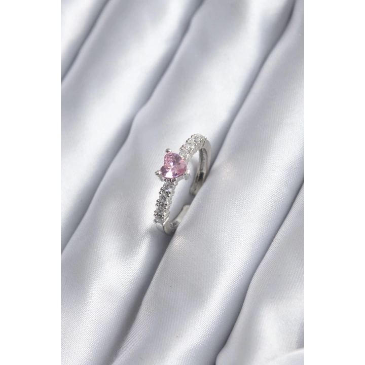 BFS Gümüş Renk Zirkon Taşlı Pembe Kristal Kalp Model Kadın Yüzük