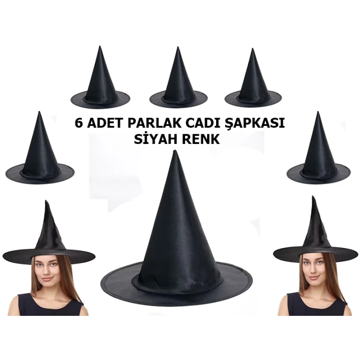 BFS  Halloween Siyah Renk Parlak Dralon Cadı Şapkası Yetişkin ve Çocuk Uyumlu 6 Adet