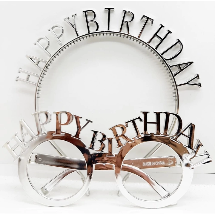 BFS   HappyBirthdayYazılıTaçveHappyBirthdayYazılıGözlükSetiGümüşRenk