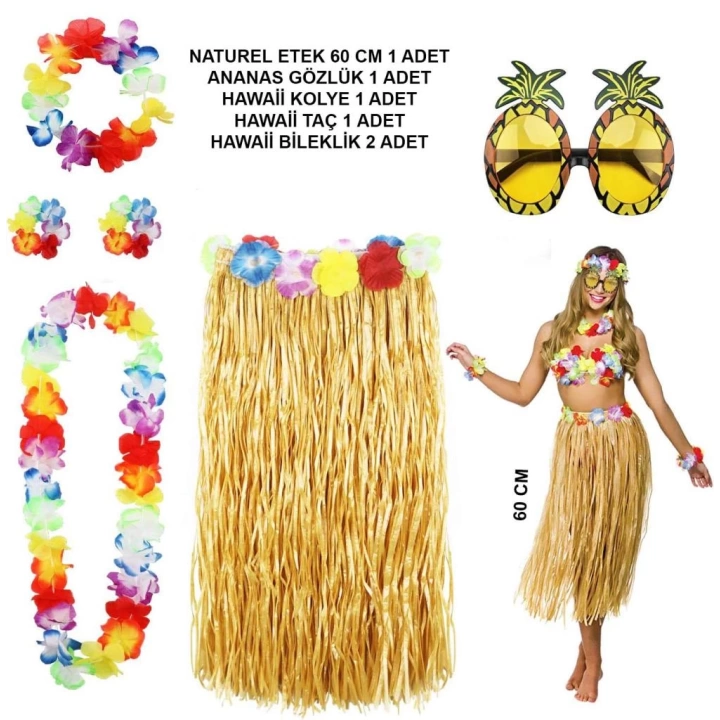 BFS   Hawaii Parti Kostüm Seti - 60 cm Hasır Etek, Çiçekli Aksesuarlar ve Ananas Gözlük