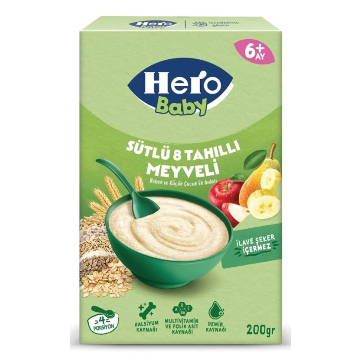 BFS  Hero Baby Sütlü 8 Tahıllı Meyveli Kaşık Mama 200 Gr