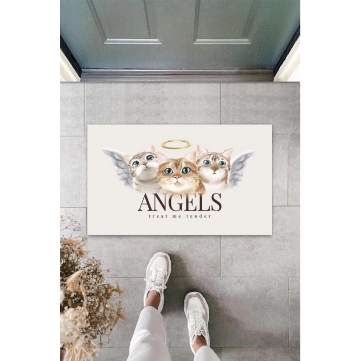 BFS Home Beyaz Kapı Önü Paspası Angels Kediler Desen  K-3343