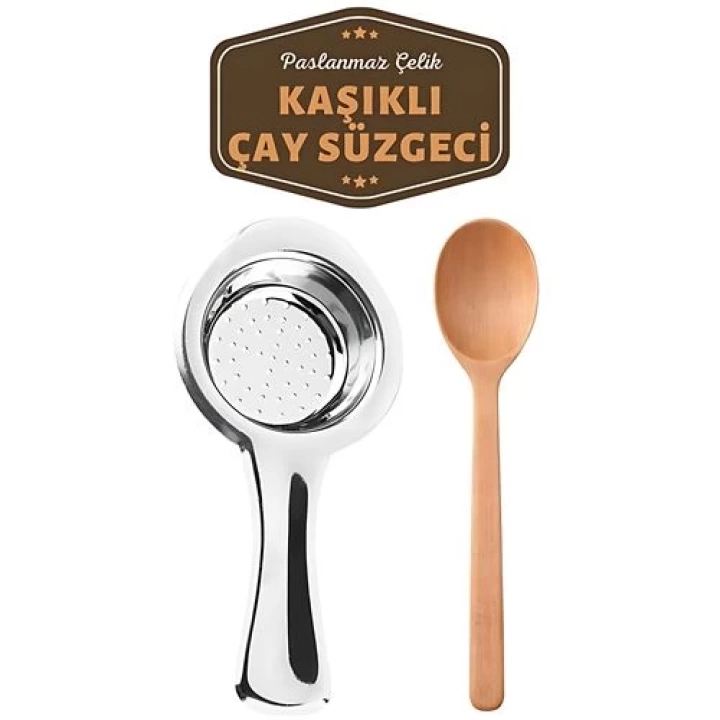 BFS Homecare Paslanmaz Metal Çay Süzgeci Ahşap Kaşık Seti