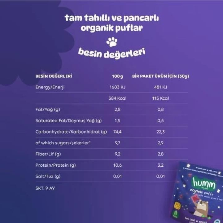 BFS   Humm Organik Pancarlı ve Tam Tahıllı Puflar 30 Gr