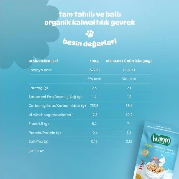 BFS   Humm Organik Tam Tahıllı ve Ballı Kahvaltılık Gevrek 80 Gr