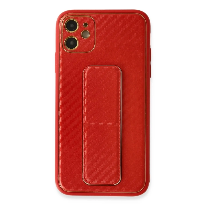 BFS  iPhone 12 Kılıf Coco Karbon Standlı Kapak - Kırmızı