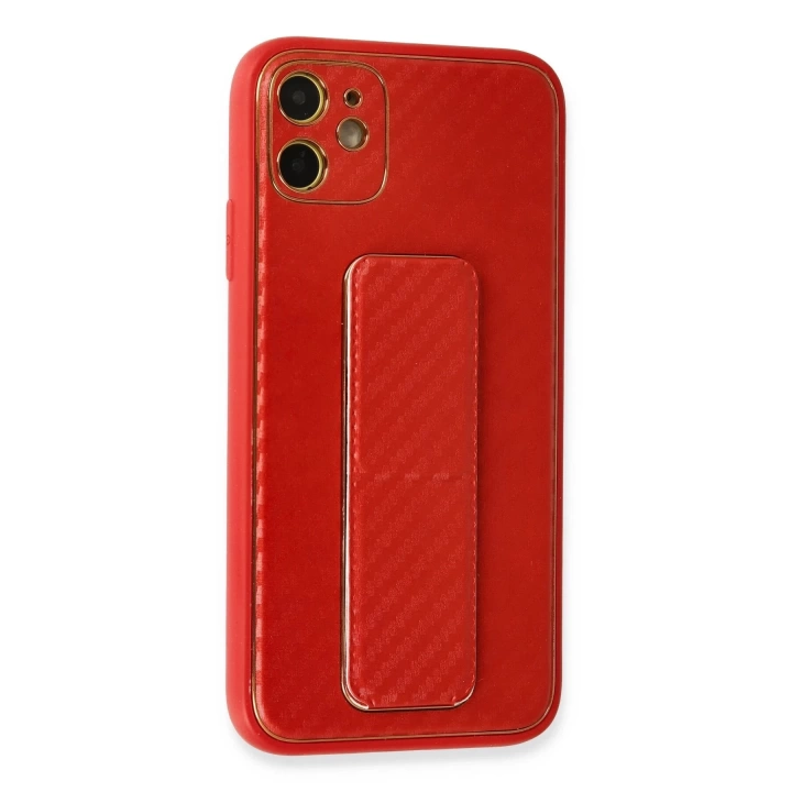 BFS  iPhone 12 Kılıf Coco Karbon Standlı Kapak - Kırmızı
