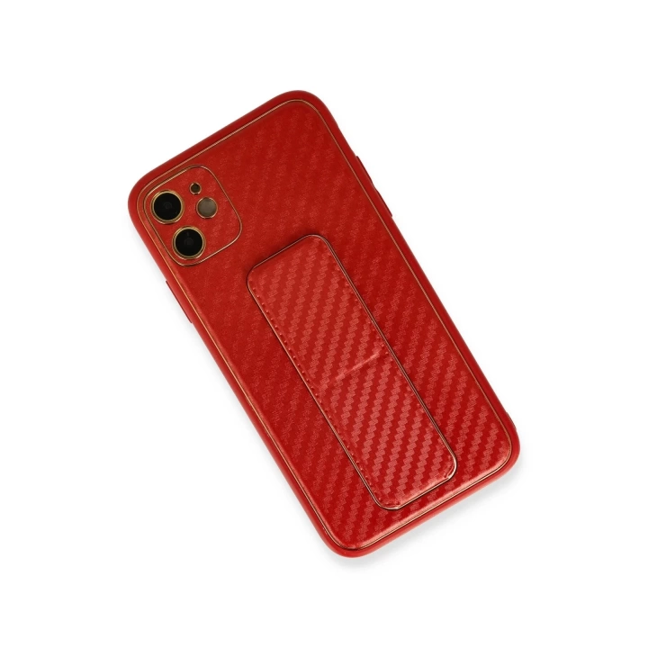 BFS  iPhone 12 Kılıf Coco Karbon Standlı Kapak - Kırmızı
