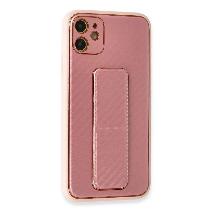 BFS  iPhone 12 Kılıf Coco Karbon Standlı Kapak - Pembe