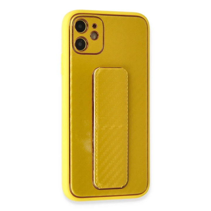 BFS  iPhone 12 Kılıf Coco Karbon Standlı Kapak - Sarı