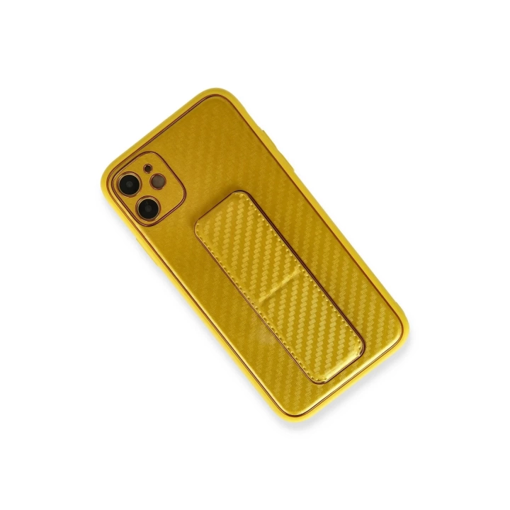 BFS  iPhone 12 Kılıf Coco Karbon Standlı Kapak - Sarı