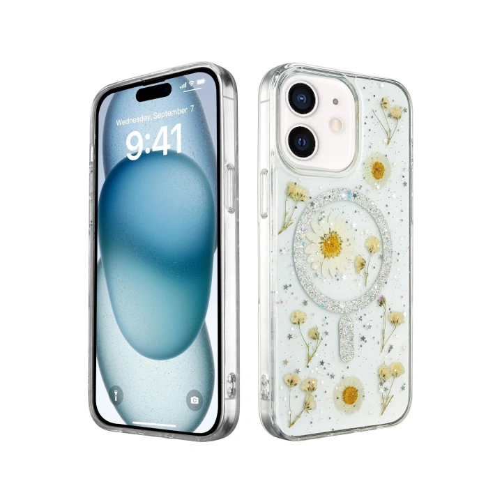 BFS  iPhone 12 Kılıf Daisy Simli Magsafe Kapak - Gümüş