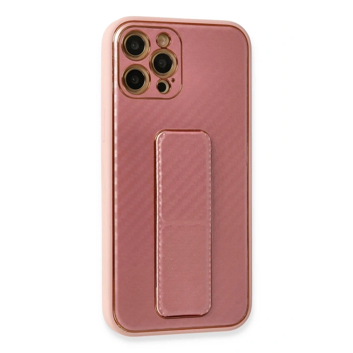 BFS iPhone 12 Pro Kılıf Coco Karbon Standlı Kapak - Pembe