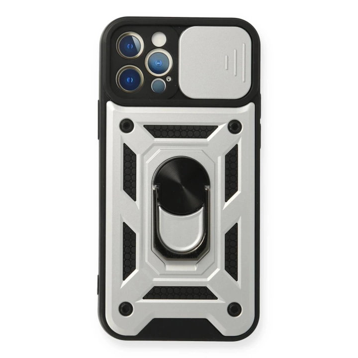 BFS  iPhone 12 Pro Kılıf Pars Lens Yüzüklü Silikon - Gümüş