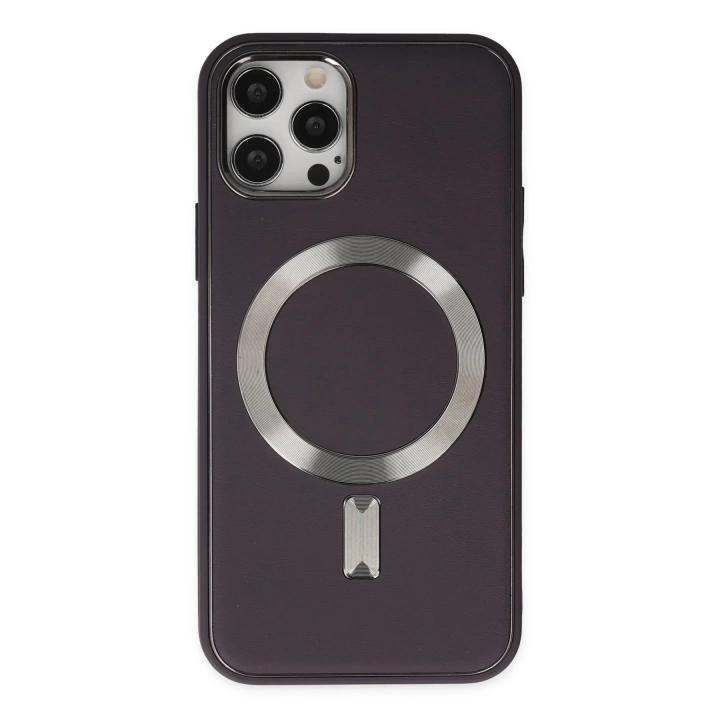 BFS  iPhone 12 Pro Max Kılıf Coco Deri Magneticsafe Silikon - Derin Mor