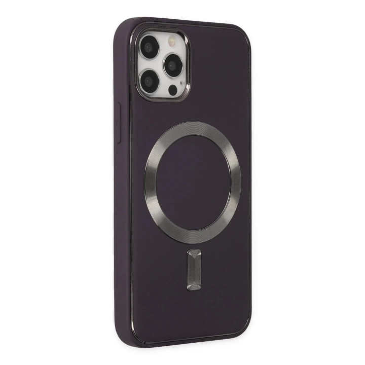 BFS  iPhone 12 Pro Max Kılıf Coco Deri Magneticsafe Silikon - Derin Mor