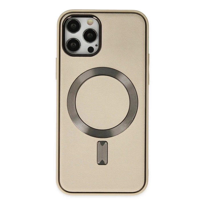 BFS  iPhone 12 Pro Max Kılıf Coco Deri Magneticsafe Silikon - Krem