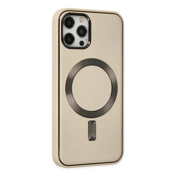 BFS  iPhone 12 Pro Max Kılıf Coco Deri Magneticsafe Silikon - Krem