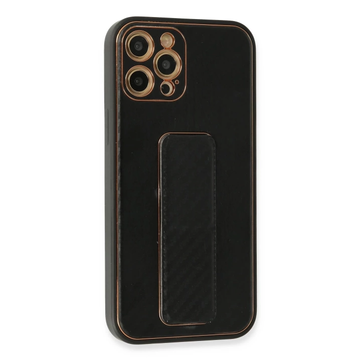 BFS  iPhone 12 Pro Max Kılıf Coco Karbon Standlı Kapak - Siyah