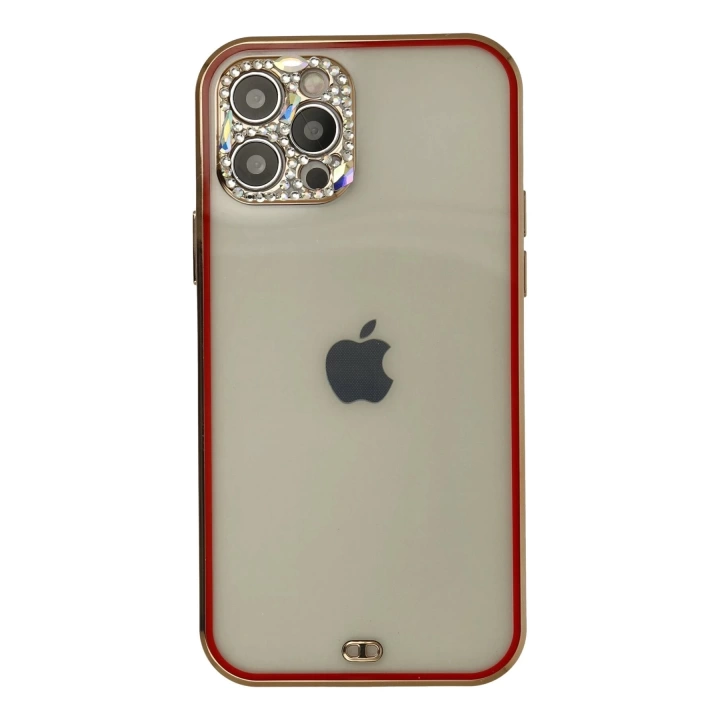 BFS  iPhone 12 Pro Max Kılıf Liva Taşlı Silikon - Kırmızı