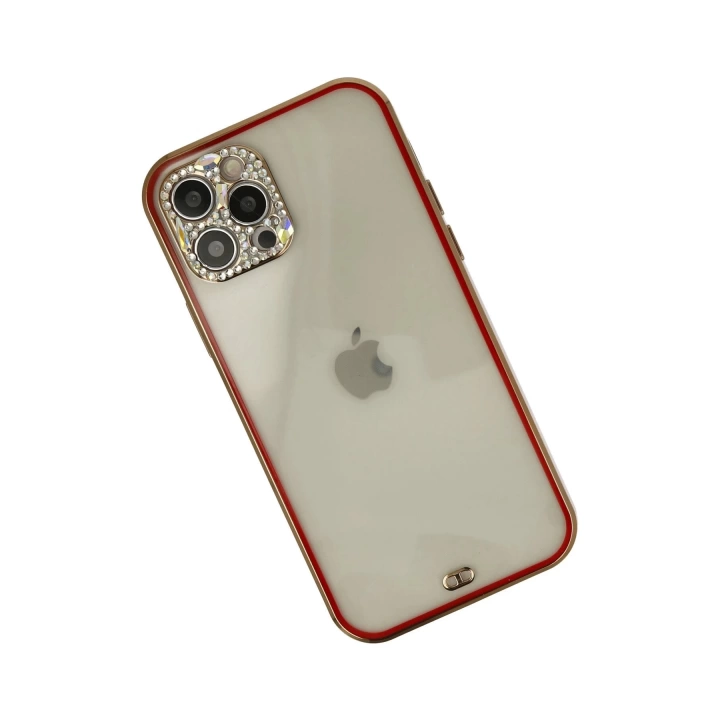 BFS  iPhone 12 Pro Max Kılıf Liva Taşlı Silikon - Kırmızı